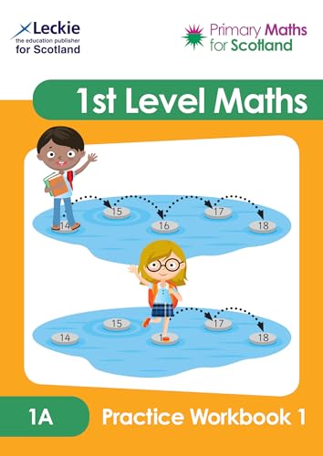 Front cover of 1st Level Maths 1A Practice Workbook showing children jumping on numbered stones.