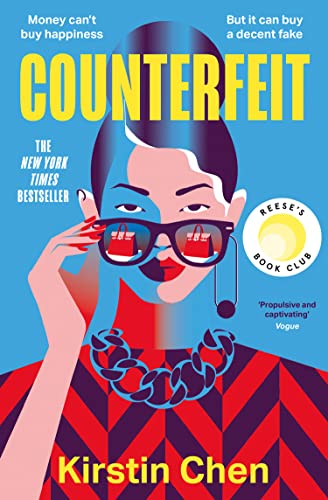 Book cover: "Counterfeit" by Kirstin Chen, featuring a stylized woman in sunglasses.
