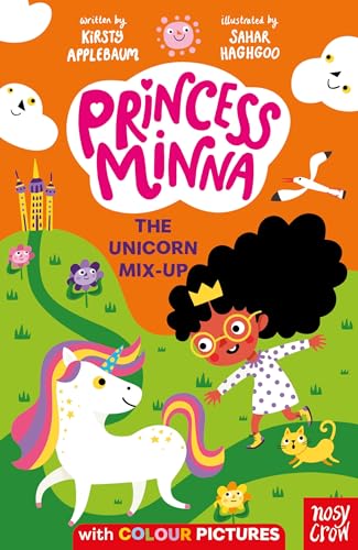 Book cover featuring Princess Minna, a unicorn, and a cat on a green hill.
