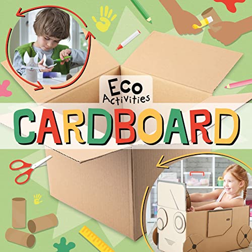 Children crafting with cardboard, scissors, paint, and recycled tubes.
