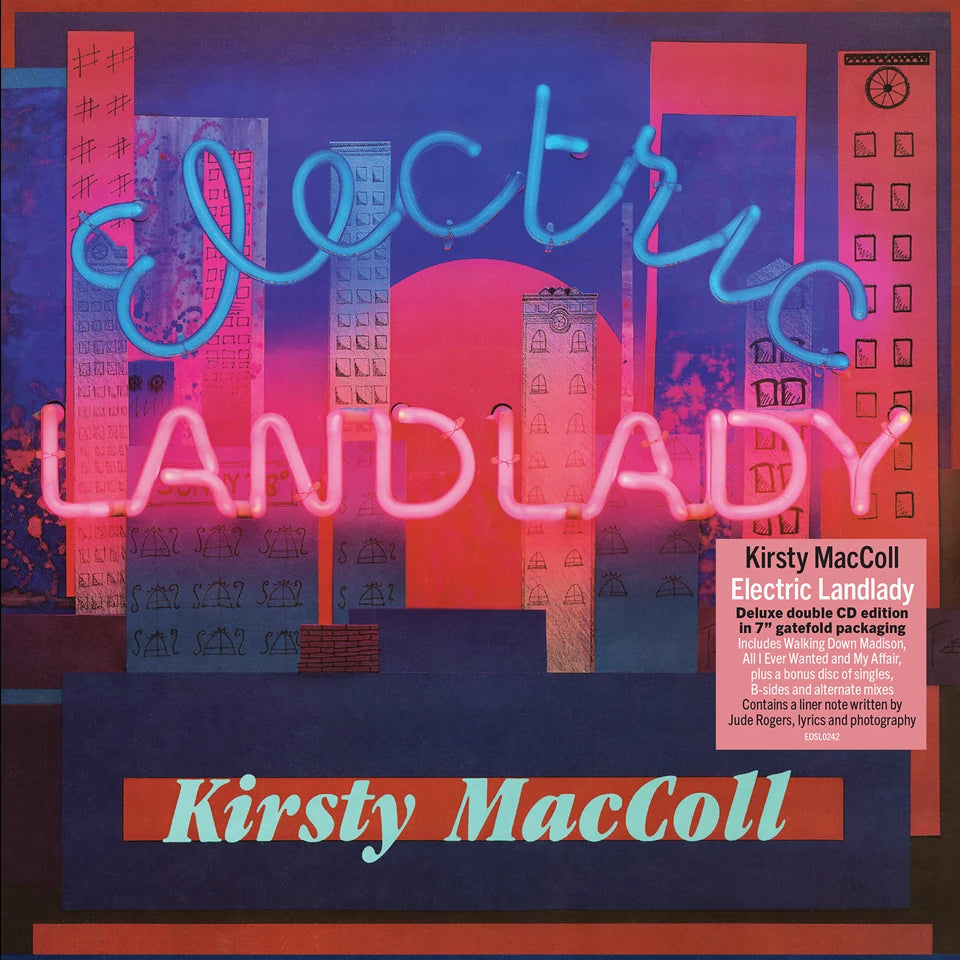 Album cover with neon text Electric Landlady over a stylized cityscape and artist name.