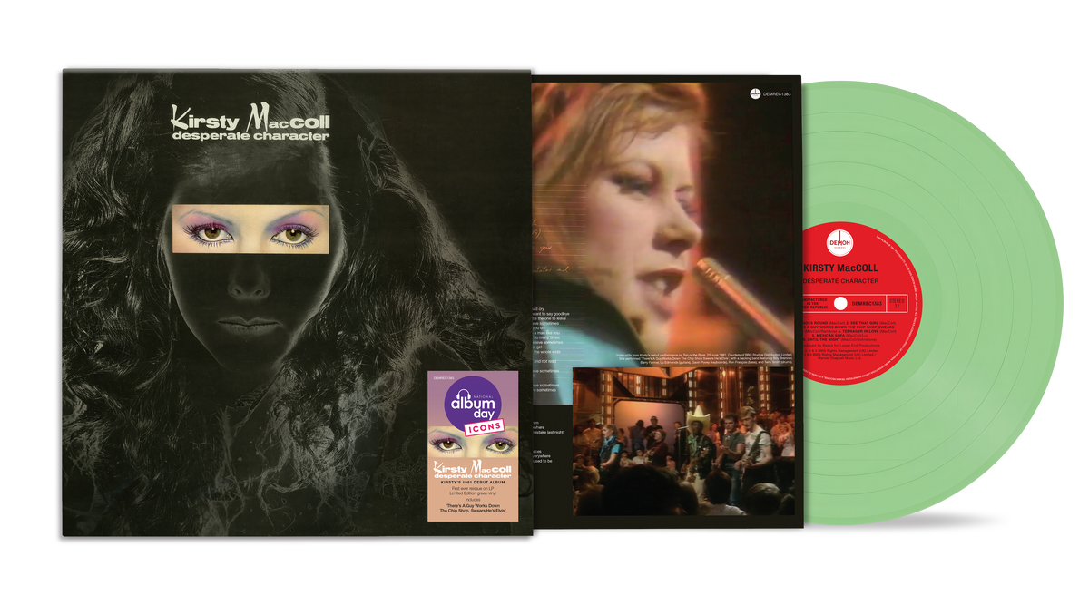 Kirsty MacColl “Desperate Character” green vinyl LP with album artwork and sticker.