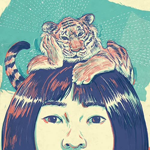 Illustration of a tiger cub resting on the head of a person with dark hair.