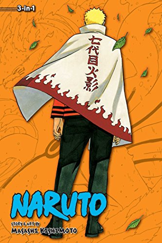 Naruto Uzumaki seen from behind wearing a white Hokage cloak on an orange background.