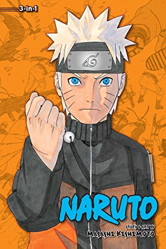 Naruto Uzumaki with a clenched fist on an orange manga cover.