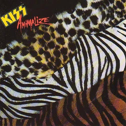 Kiss album cover, “Animalize,” featuring animal prints and band logo.