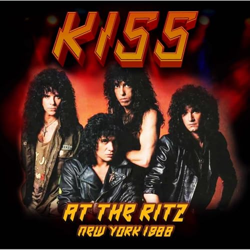 The band Kiss posing against a red background with album title text below.