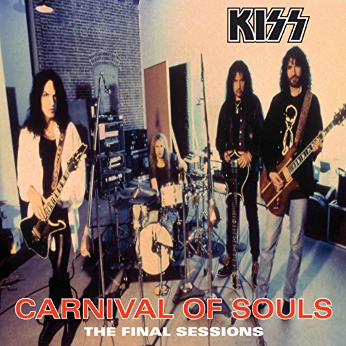 Kiss band members with instruments, album cover for "Carnival of Souls.