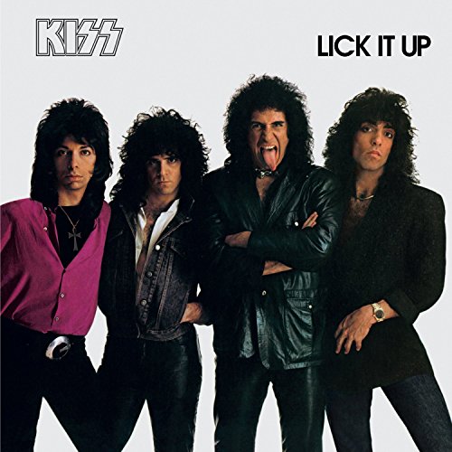 Kiss band members with long hair on the "Lick It Up" album cover.