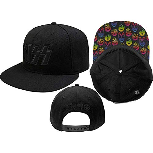 Black snapback cap with embroidered Kiss logo and colorful band member face print under-brim.