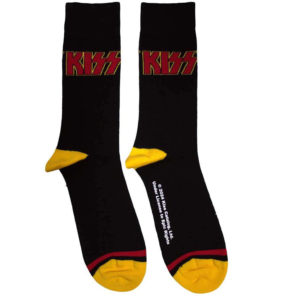 Red ankle socks with a white KISS logo and single white stripe.