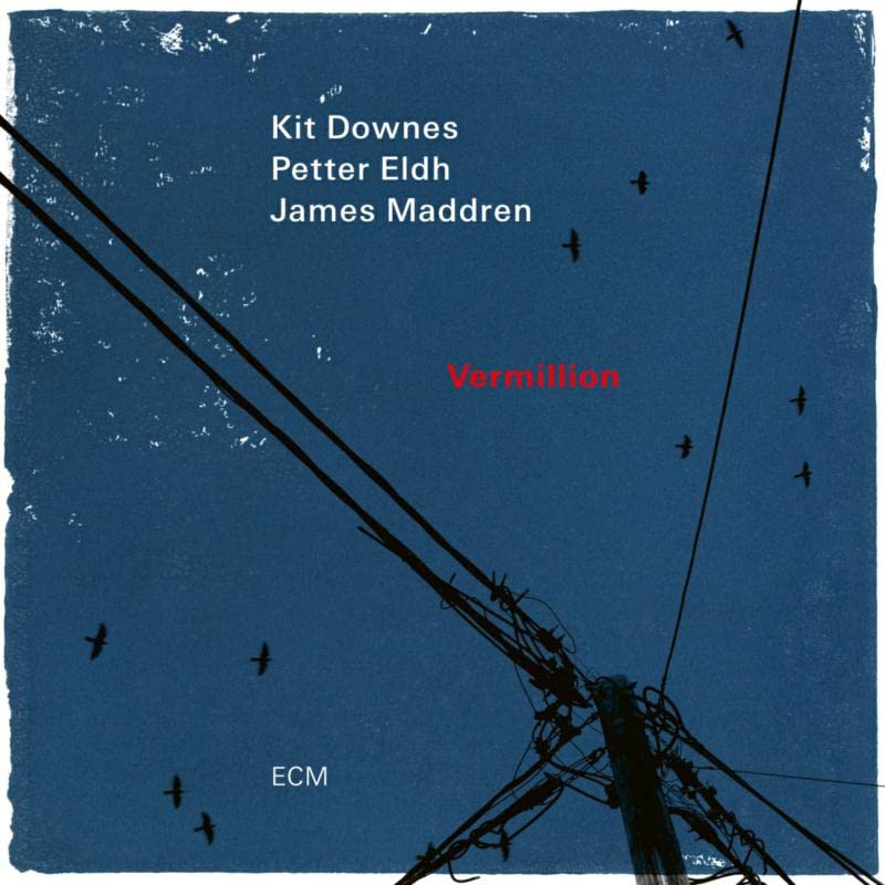 Album cover for Kit Downes’ “Vermillion” featuring power lines and birds.