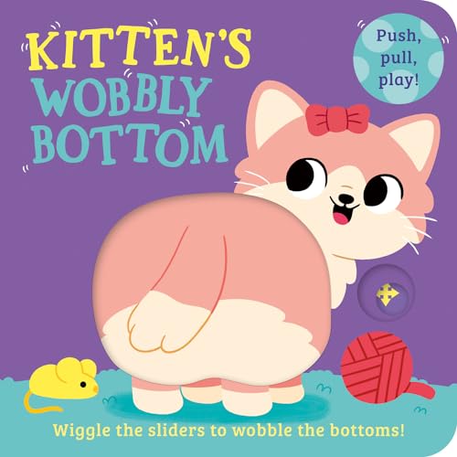 A cartoon kitten with a pink bow on a purple background with a yarn ball.