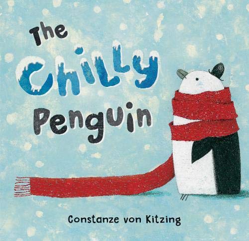 "Children's book cover featuring a penguin wearing a red scarf on a snowy blue background."