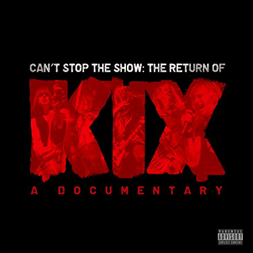 "Kix documentary DVD cover with red lettering and band images on black background."