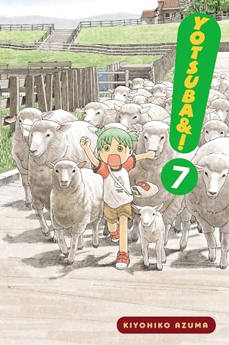 A young girl with green hair running excitedly through a flock of sheep.