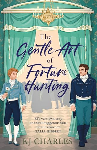 Book cover showing two men in Regency-style clothing standing before teal curtains and chandelier.