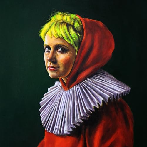 Painting of a woman with blonde hair and a red head covering.