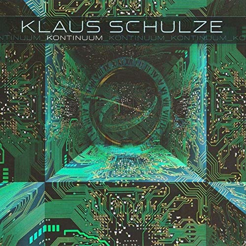 Klaus Schulze's "Kontinuum" vinyl album cover, abstract green circuit board design.