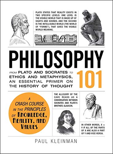Book cover for Philosophy 101 featuring sketches of philosophers, text excerpts, and orange accents.