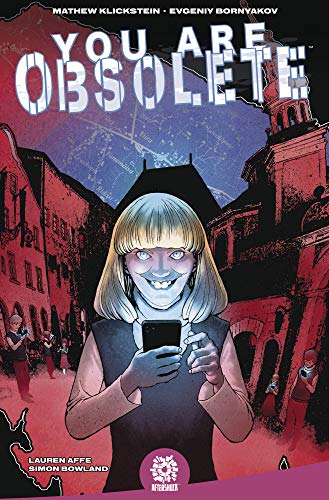 Comic book cover: girl with glowing eyes holding a phone in a ruined city.