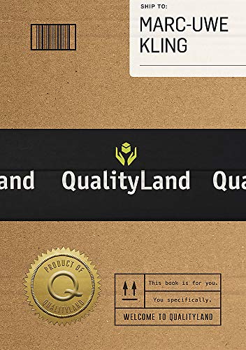 Book cover for "Qualityland" with a brown cardboard texture and gold logo.