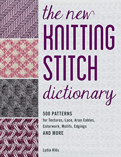 Knitting stitch dictionary book cover with textured stitch samples.