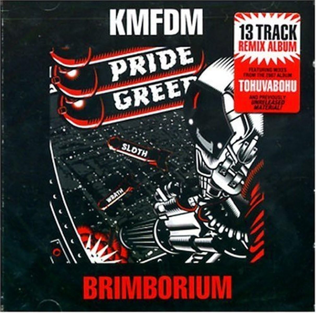 KMFDM Brimborium album cover featuring a stylized black and white cyborg figure on black.