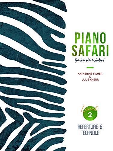 Piano Safari Level 2 book cover with zebra stripes and green text.