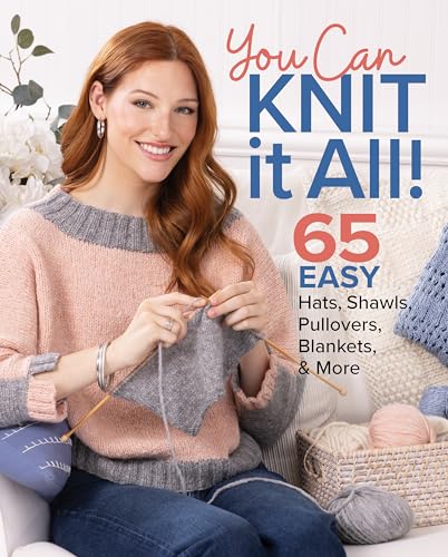 Knitting book cover featuring a woman with knitted items and yarn.