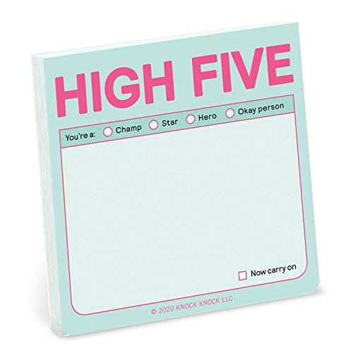 Pale blue sticky note pad with "HIGH FIVE" text and checkable options.