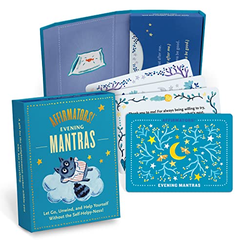 Blue card deck with raccoon illustration, titled "Affirmators! Evening Mantras.