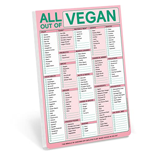 Pink checklist pad titled “All Vegan” with grocery categories and checkboxes.