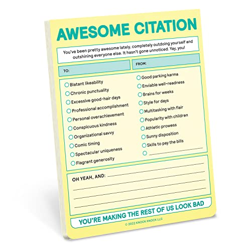 Yellow notepad with "AWESOME CITATION" title and fill-in-the-blank humorous options.