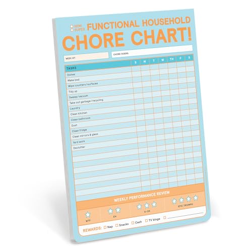 Blue and orange chore chart notepad with weekly task list and rewards.