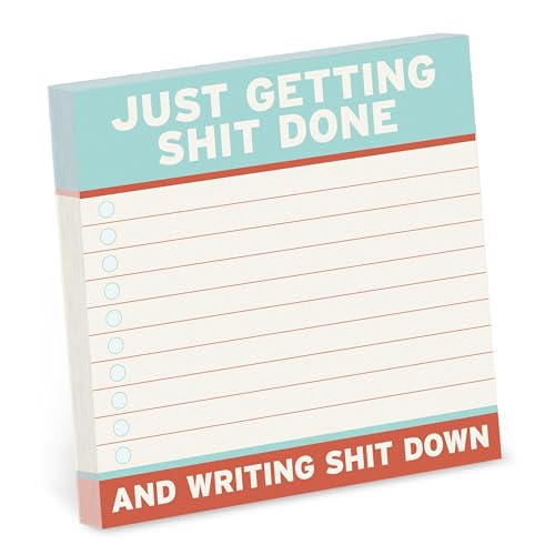 Pale blue sticky note pad with red text: "Just Getting Shit Done.