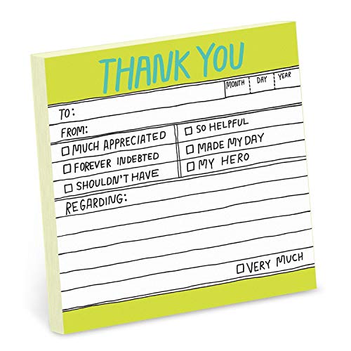 Yellow sticky note pad with hand-lettered "THANK YOU" and fill-in lines.