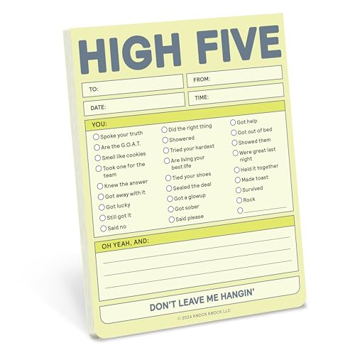Pastel yellow notepad with "HIGH FIVE" text and checklist prompts.