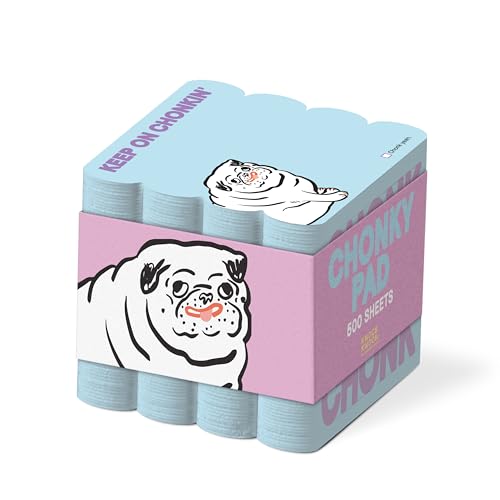 Stack of blue and pink sticky notes with cartoon pug illustrations.