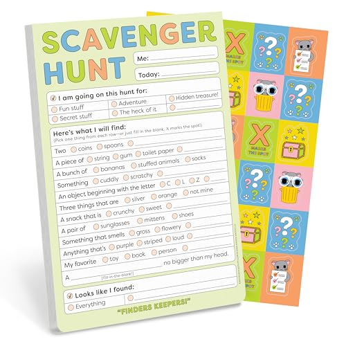 Two green scavenger hunt pads with colorful question mark and animal designs.