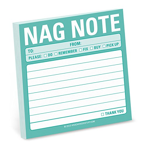Teal sticky note pad titled Nag Note with checkboxes for tasks and lined space.