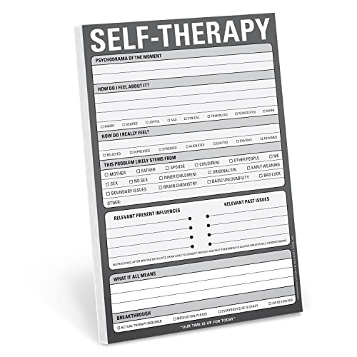 Black "Self-Therapy" notepad with fill-in-the-blank questions for emotional reflection.