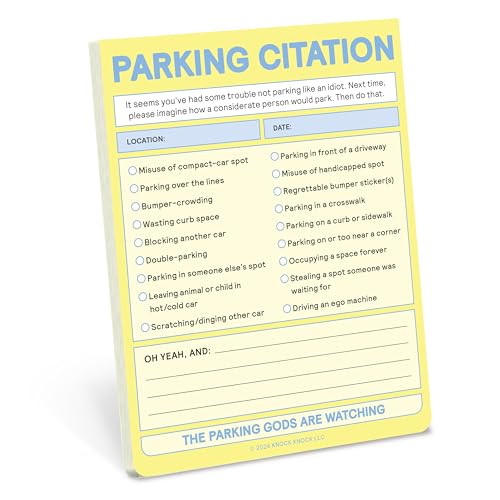 Pastel yellow notepad titled "PARKING CITATION" with checkable boxes and humorous text.