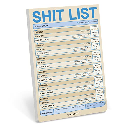 Pastel notepad titled "SHIT LIST" with form fields for listing grievances.