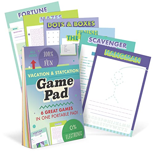 Colorful game pad with mazes, hangman, and vacation-themed activities.
