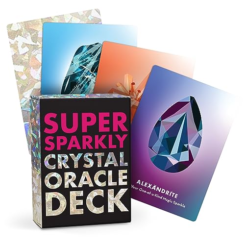 Oracle card deck with sparkly, crystal-themed illustrations and a colorful box.