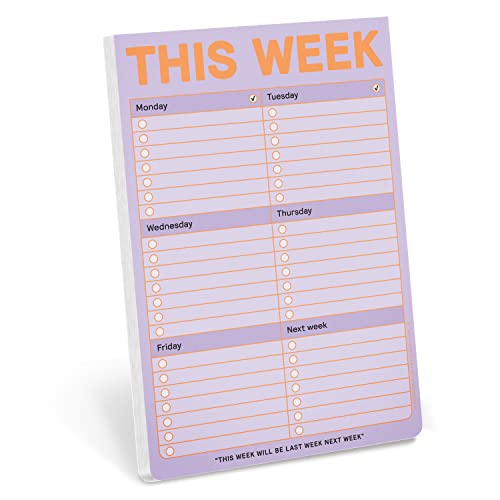 Pastel purple weekly to-do list pad with orange text and checkboxes.