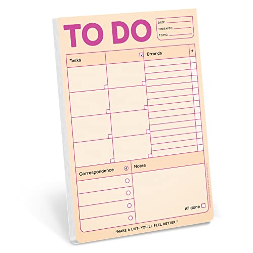 Pastel pink to-do list notepad with checkboxes and labeled sections.