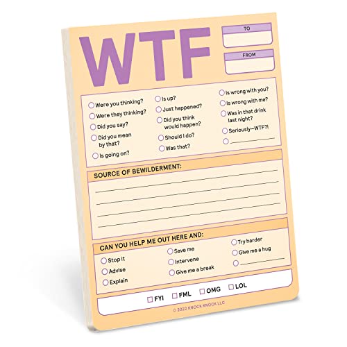 Pastel notepad with "WTF" at the top and multiple-choice questions below.