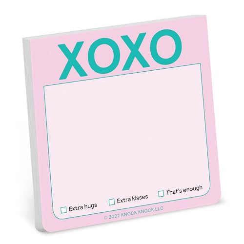 Pink sticky note pad with teal "XOXO" text and check boxes.
